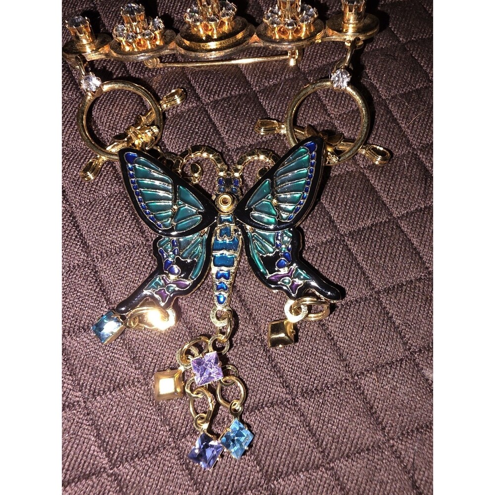 Lunch at the Ritz Butterfly Brooch Enamel Rhinestone Dangle GoldToneVintage LATR